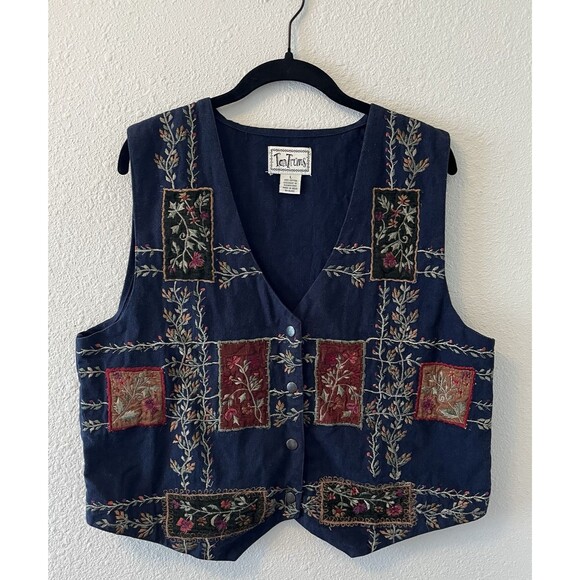 Vintage TanTrums Vest Women's L Floral Embroidered Patchwork Navy Cotton Cottage - Picture 1 of 12